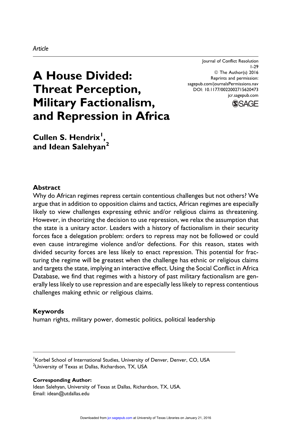 A House Divided: Threat Perception, Military Factionalism, and Repression in Africa