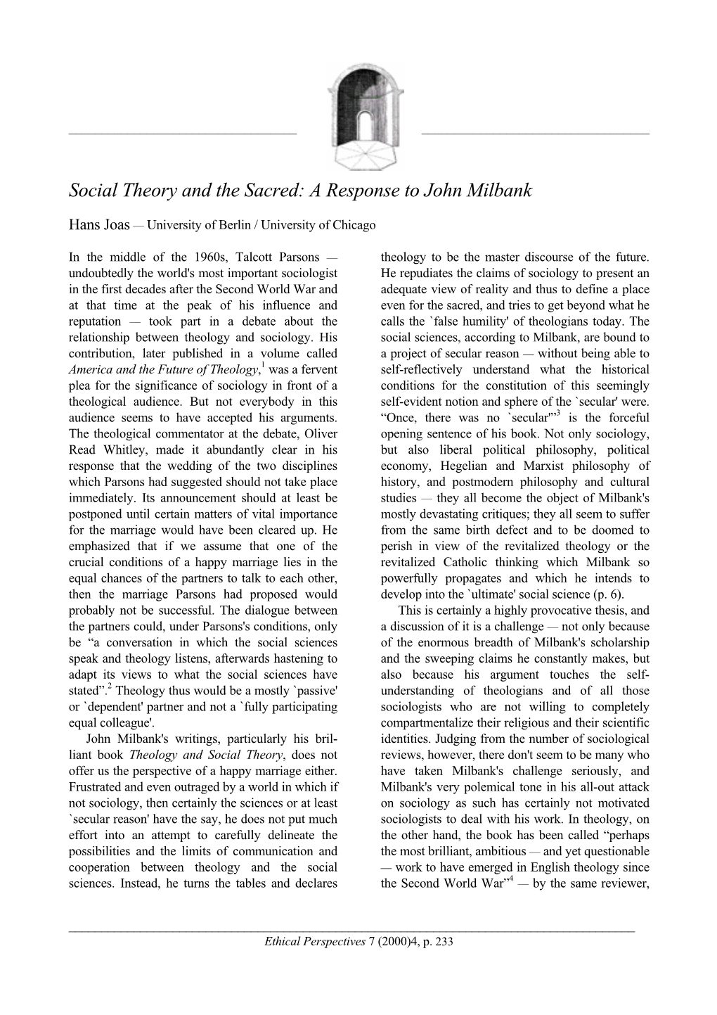 Social Theory and the Sacred: a Response to John Milbank