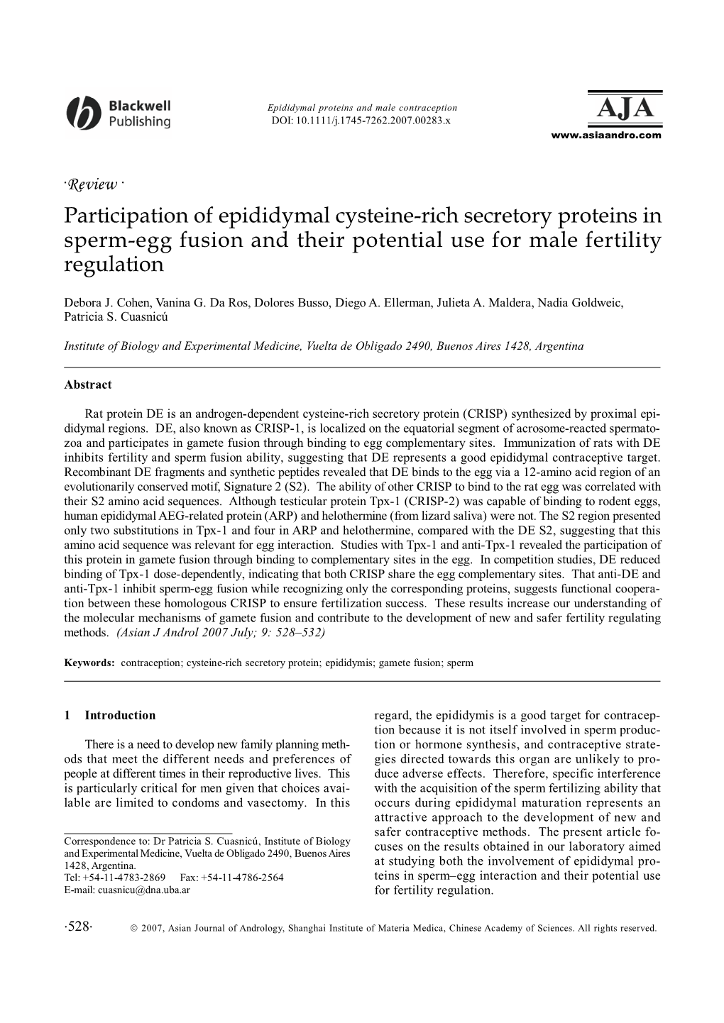 Participation of Epididymal Cysteine-Rich Secretory Proteins in Sperm-Egg Fusion and Their Potential Use for Male Fertility Regulation