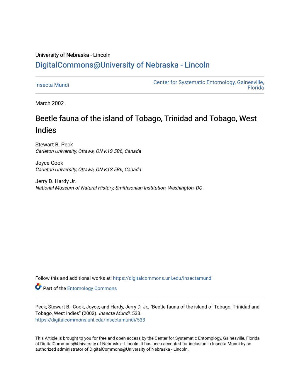 Beetle Fauna of the Island of Tobago, Trinidad and Tobago, West Indies