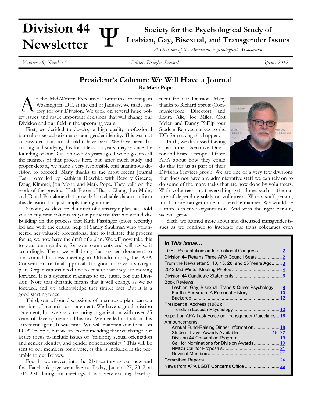 Division 44 Newsletter  Spring 2012 More Into the Fabric of Our Division