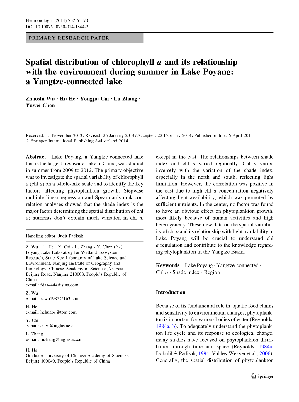 Spatial Distribution of Chlorophyll a and Its Relationship with the Environment During Summer in Lake Poyang: a Yangtze-Connected Lake