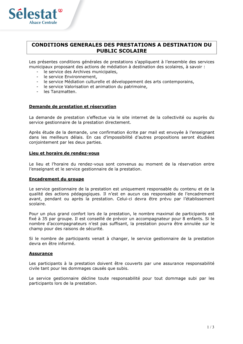 Conditions Generales Des Prestations a Destination Du Public Scolaire