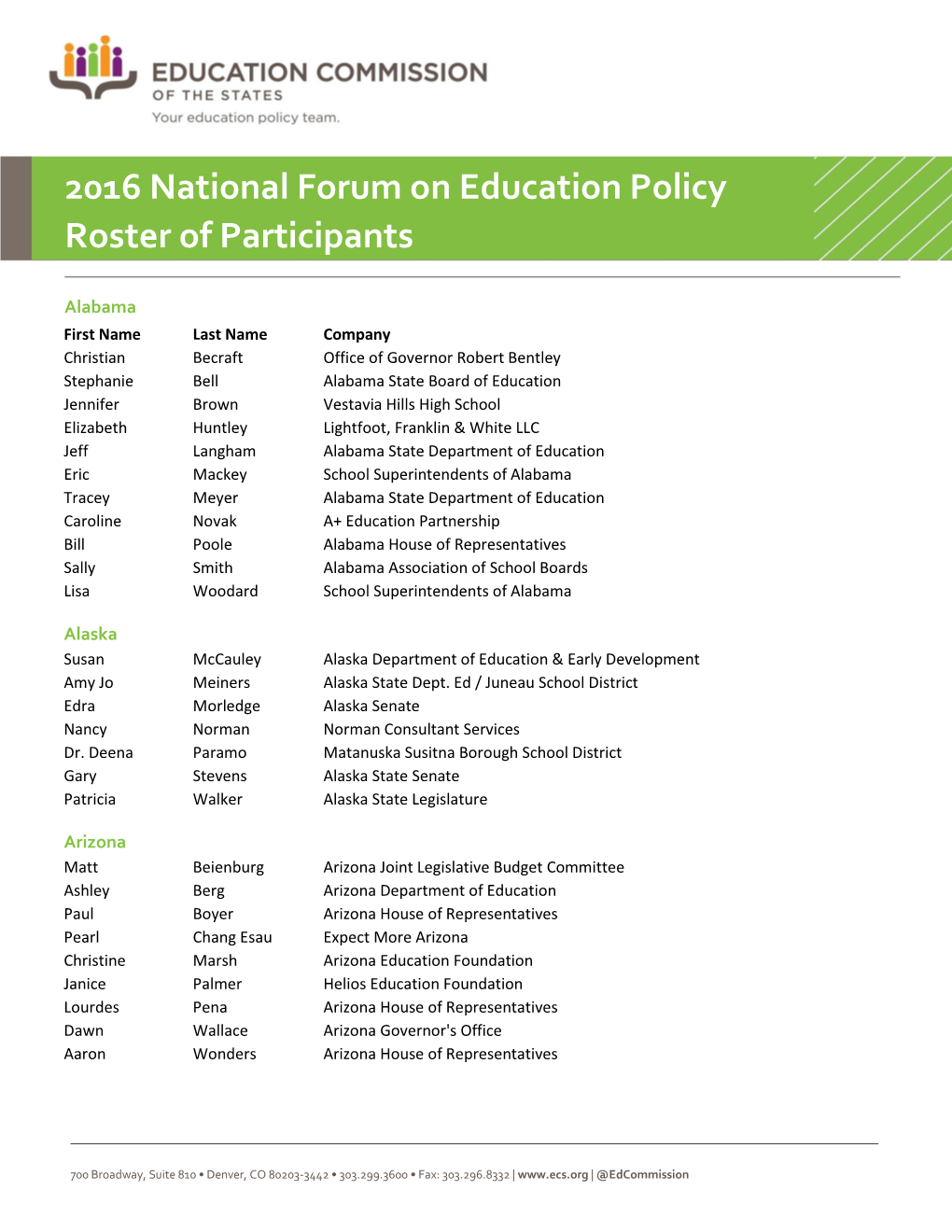 2016 National Forum on Education Policy Roster of Participants