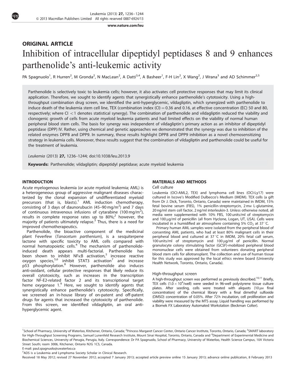 Inhibition of Intracellular Dipeptidyl Peptidases 8 and 9 Enhances Parthenolide’S Anti-Leukemic Activity