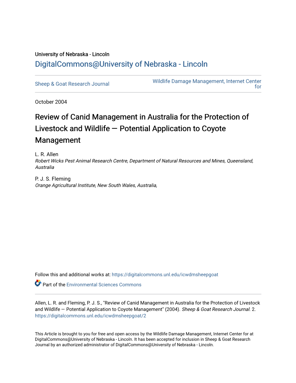 Review of Canid Management in Australia for the Protection of Livestock and Wildlife — Potential Application to Coyote Management