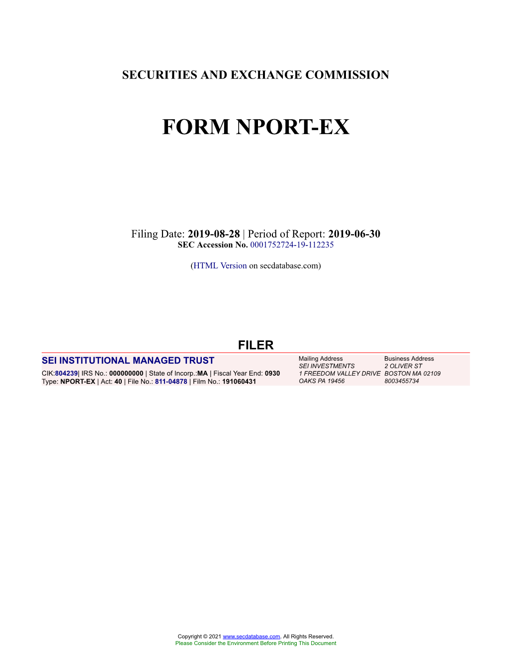 SEI INSTITUTIONAL MANAGED TRUST Form NPORT-EX Filed