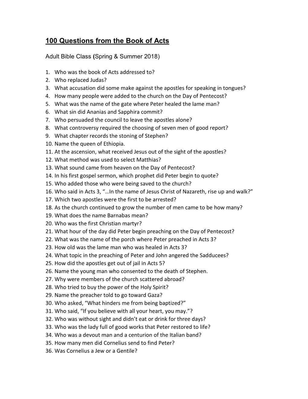 100 Questions from the Book of Acts