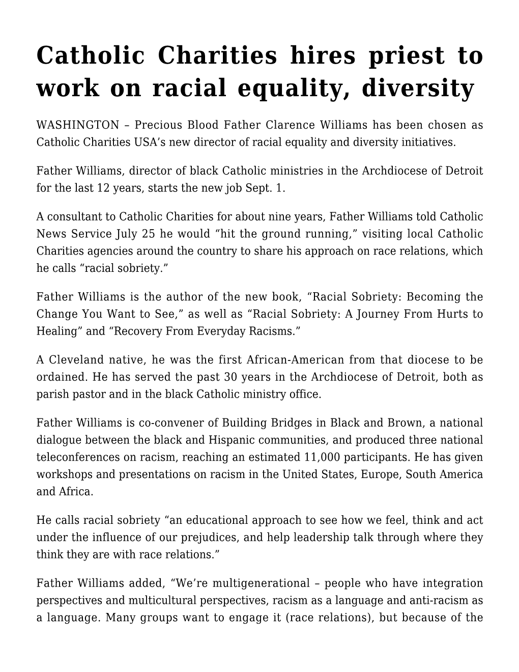 Catholic Charities Hires Priest to Work on Racial Equality, Diversity