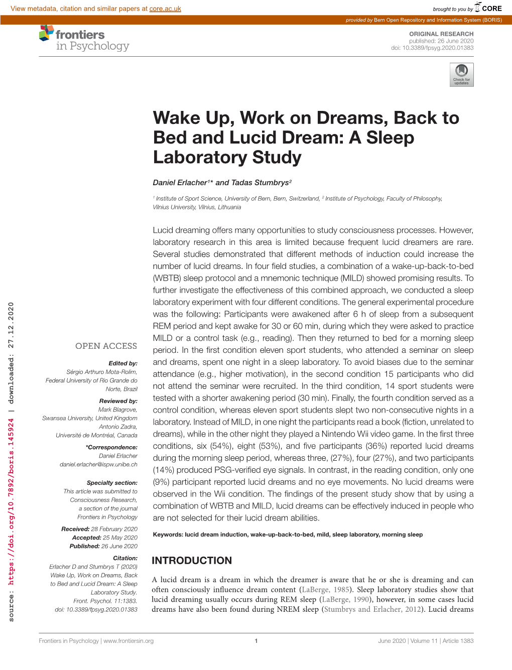 Wake Up, Work on Dreams, Back to Bed and Lucid Dream: a Sleep Laboratory Study