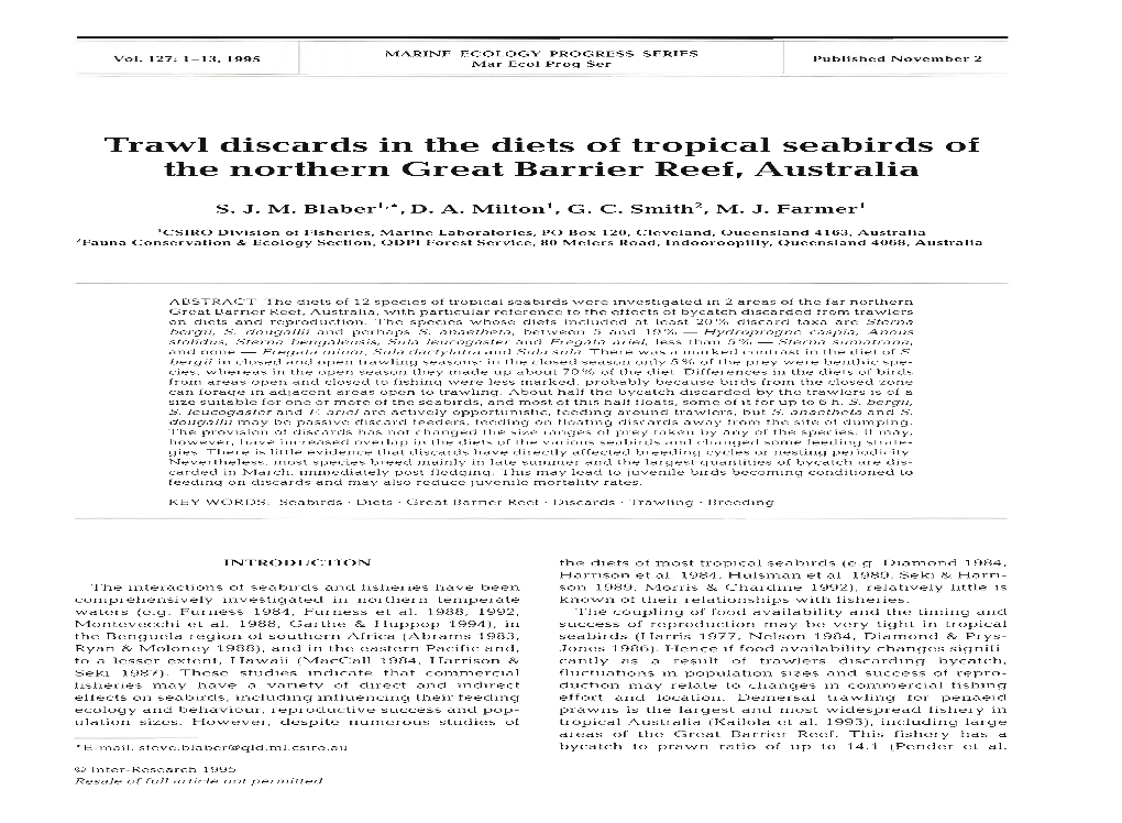 Trawl Discards in the Diets of Tropical Seabirds of the Northern Great Barrier Reef, Australia