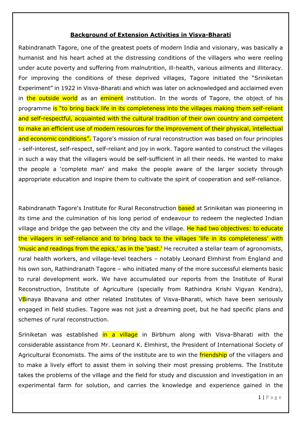 1 | Page Background of Extension Activities in Visva-Bharati Rabindranath Tagore, One of the Greatest Poets of Modern India