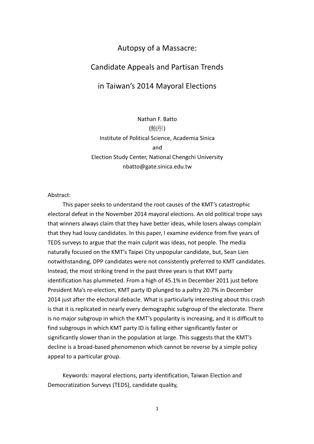 Candidate Appeals and Partisan Trends in Taiwan's 2014 Mayoral