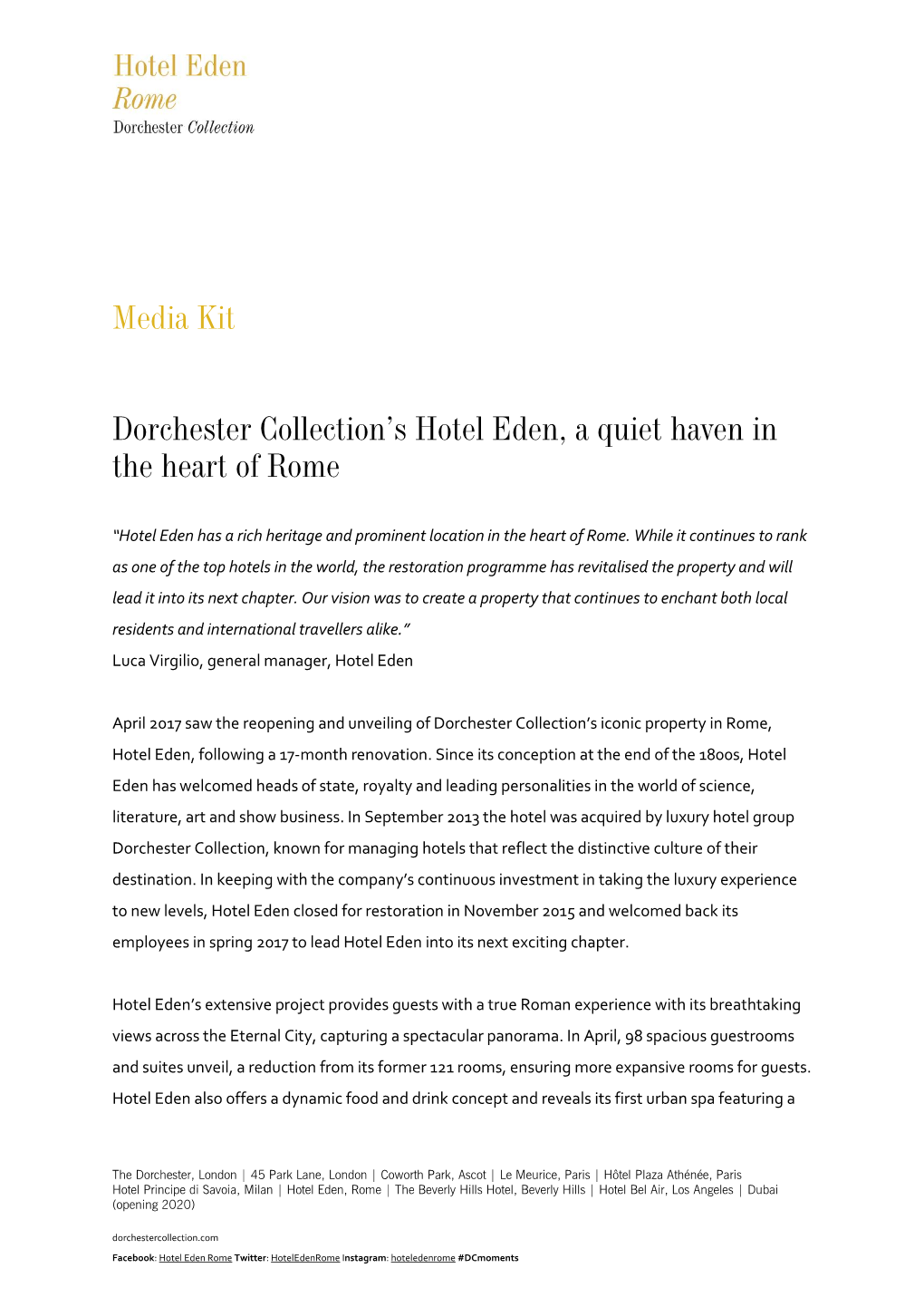 Media Kit Dorchester Collection's Hotel Eden, a Quiet Haven in the Heart of Rome