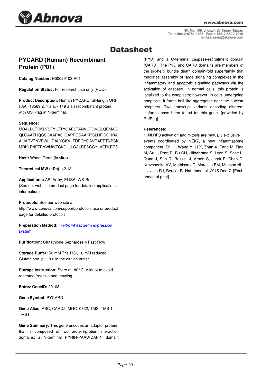 PYCARD (Human) Recombinant Protein (P01)