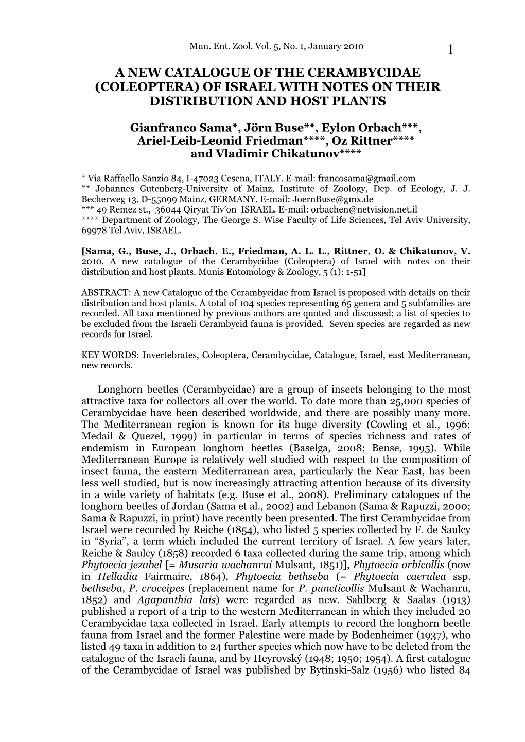 A New Catalogue of the Cerambycidae (Coleoptera) of Israel with Notes on Their Distribution and Host Plants