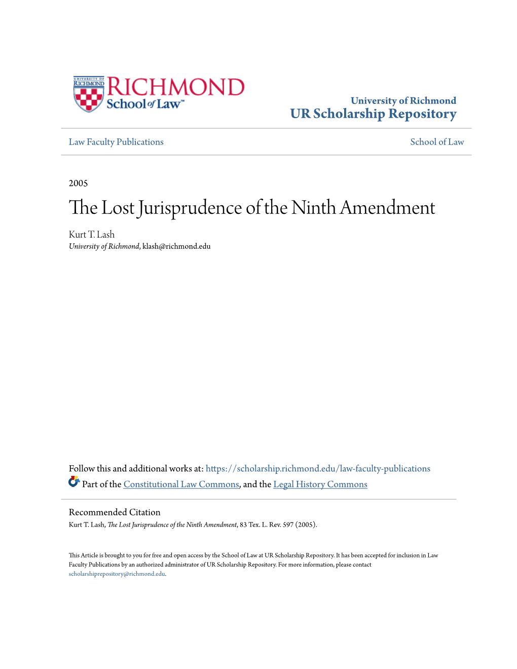 The Lost Jurisprudence of the Ninth Amendment Kurt T