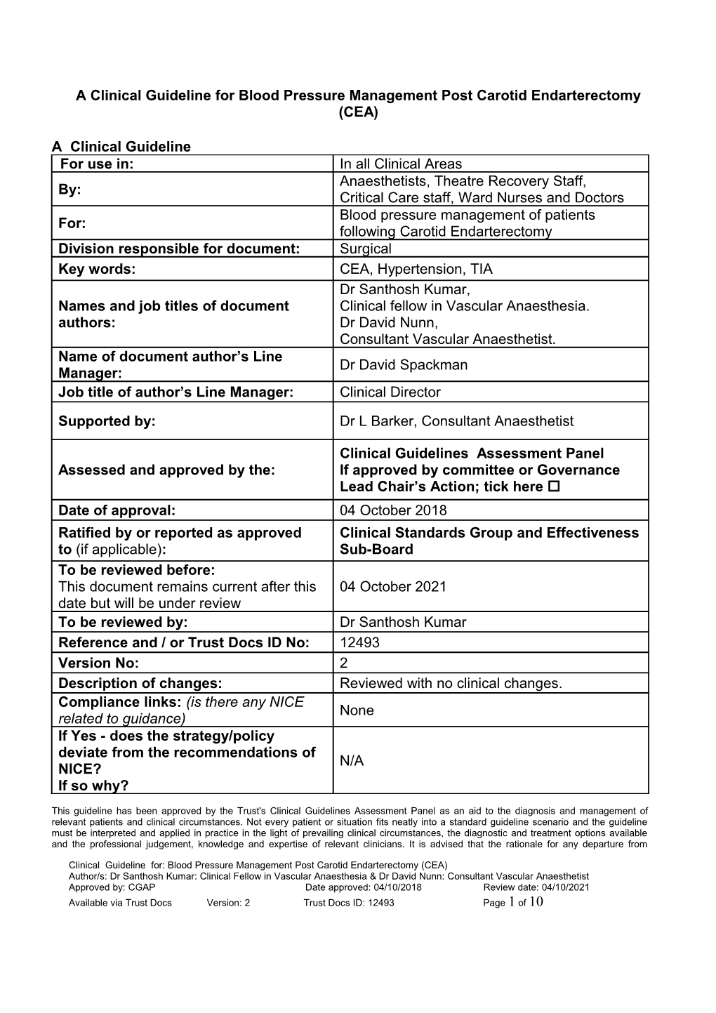 A Clinical Guideline for Blood Pressure Management Post Carotid Endarterectomy (CEA)