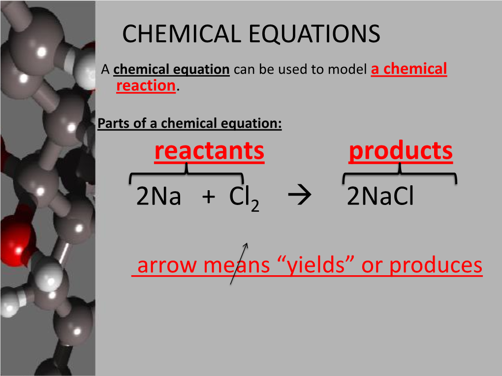 Reactants Products 2Na + Cl → 2Nacl