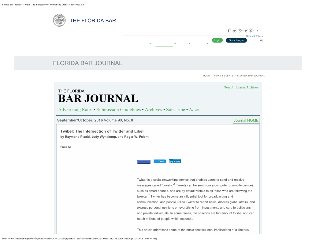 Florida Bar Journal – Twibel: the Intersection of Twitter and Libel – the Florida Bar