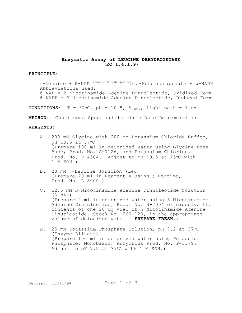 Leucine Dehydrogenase (Ec 1.4.1.9)