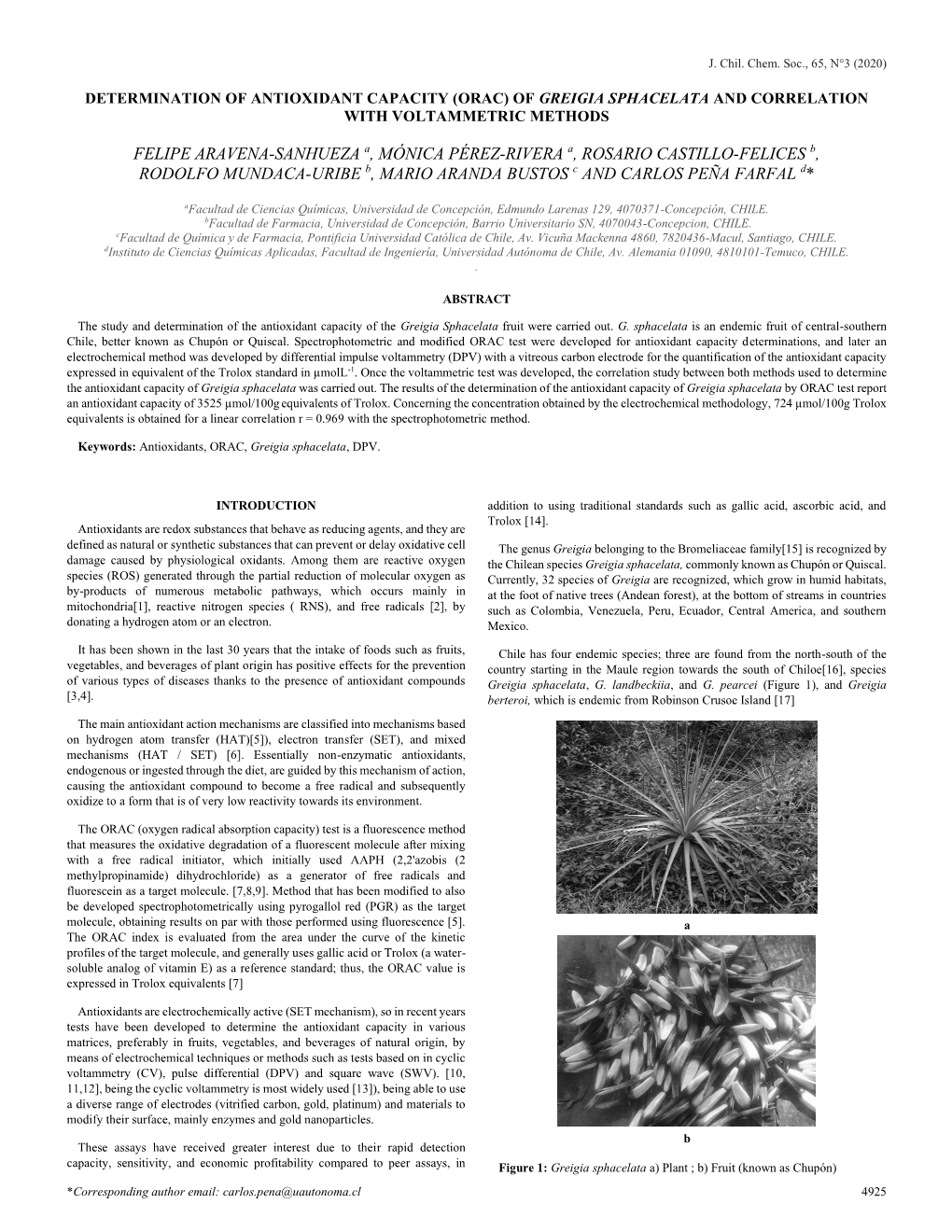 (Orac) of Greigia Sphacelata and Correlation with Voltammetric Methods