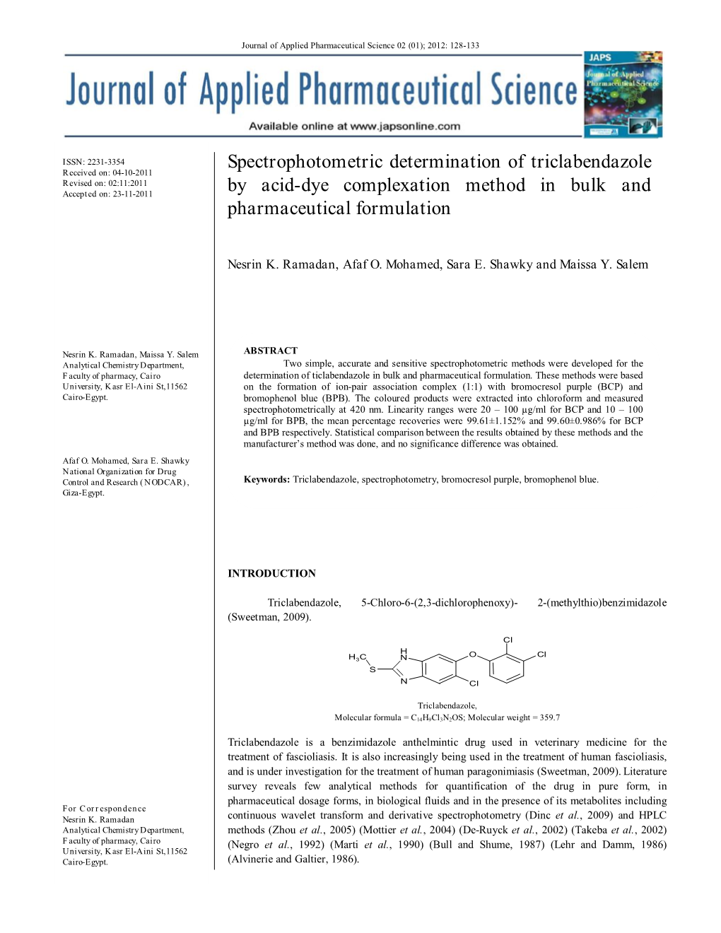 Spectrophotometric Determination of Triclabendazole by Acid-Dye