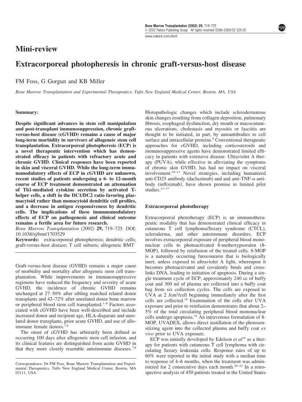 Mini-Review Extracorporeal Photopheresis in Chronic Graft-Versus-Host Disease