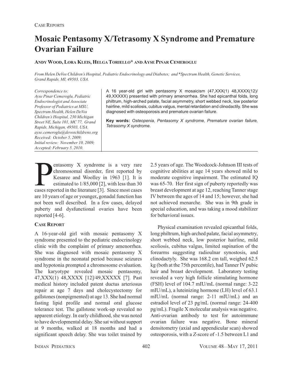 Mosaic Pentasomy X/Tetrasomy X Syndrome and Premature Ovarian Failure