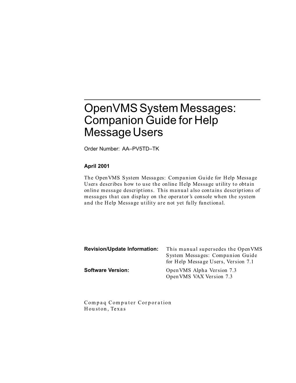 Openvms System Messages: Companion Guide for Help Message Users