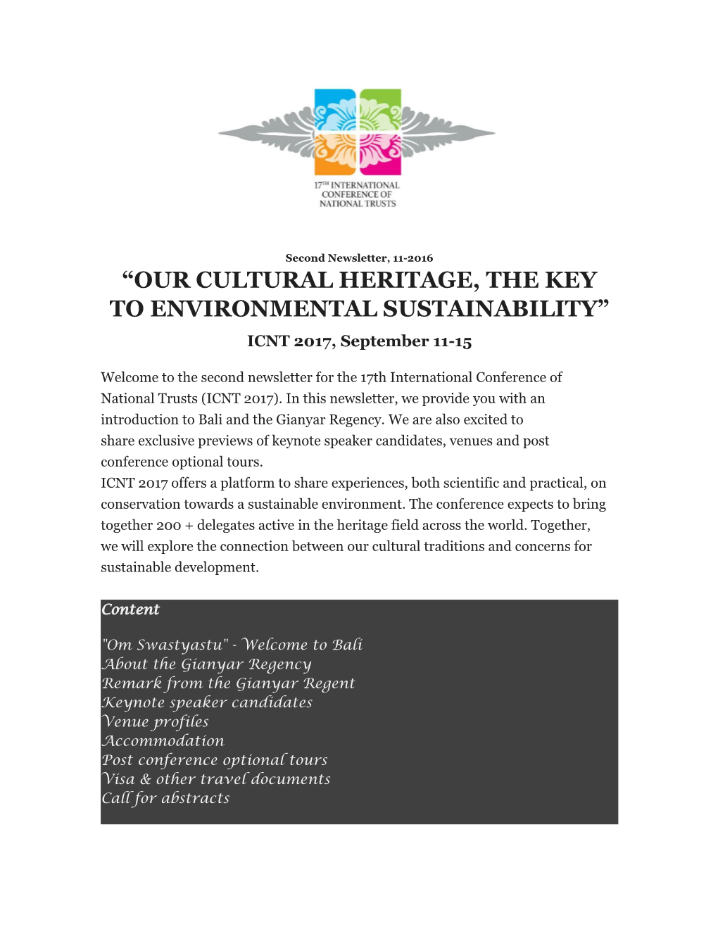 OUR CULTURAL HERITAGE, the KEY to ENVIRONMENTAL SUSTAINABILITY” ICNT 2017, September 11-15