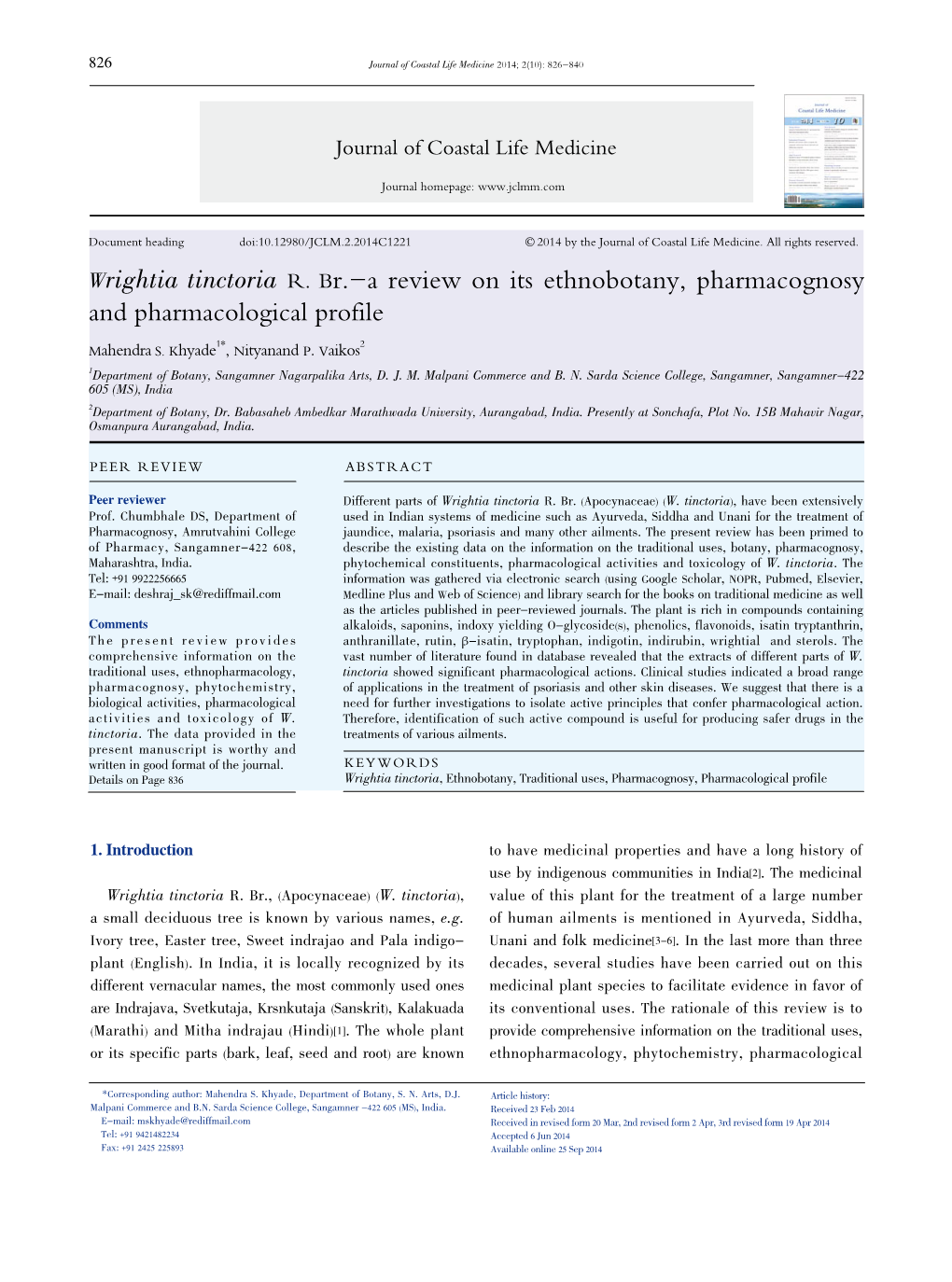 Wrightia Tinctoria R. Br.-A Review on Its Ethnobotany, Pharmacognosy and Pharmacological Profile