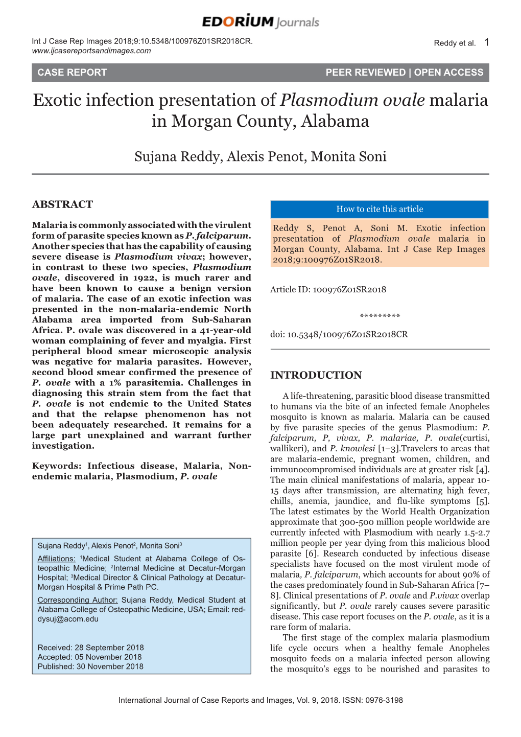 Exotic Infection Presentation of Plasmodium Ovale Malaria in Morgan County, Alabama