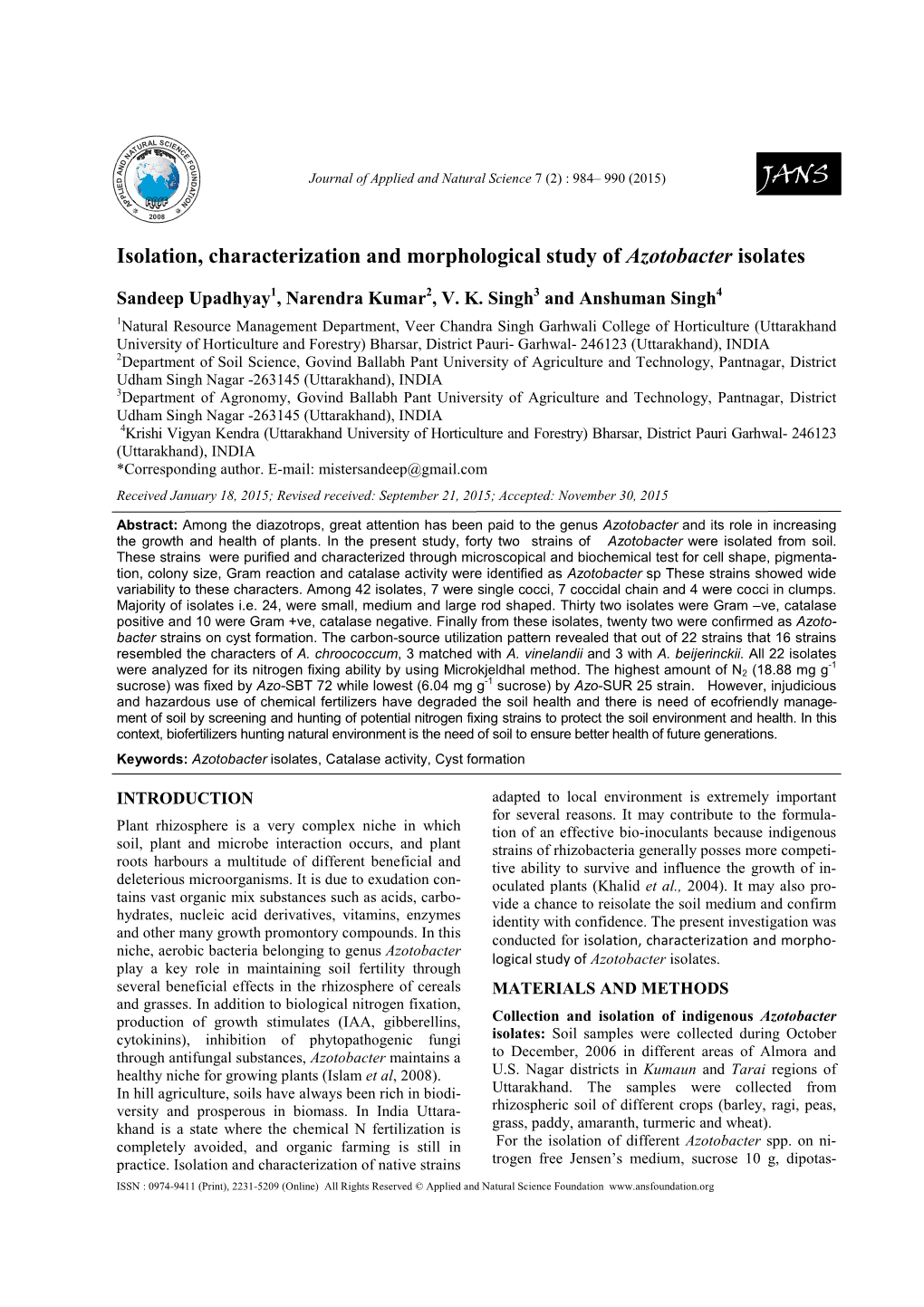 Isolation, Characterization and Morphological Study of Azotobacter Isolates