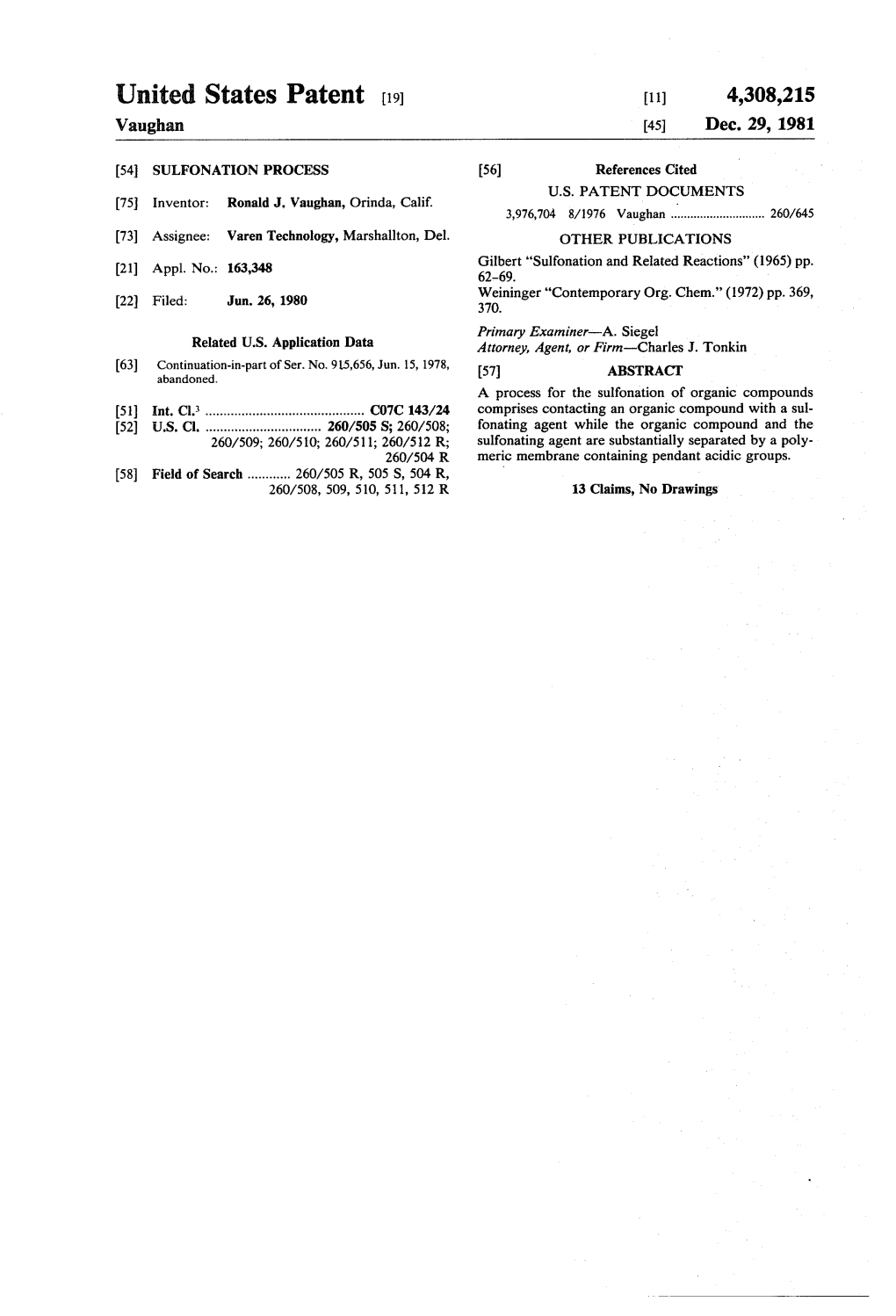 United States Patent (19) 11) 4,308,215 Vaughan 45 Dec