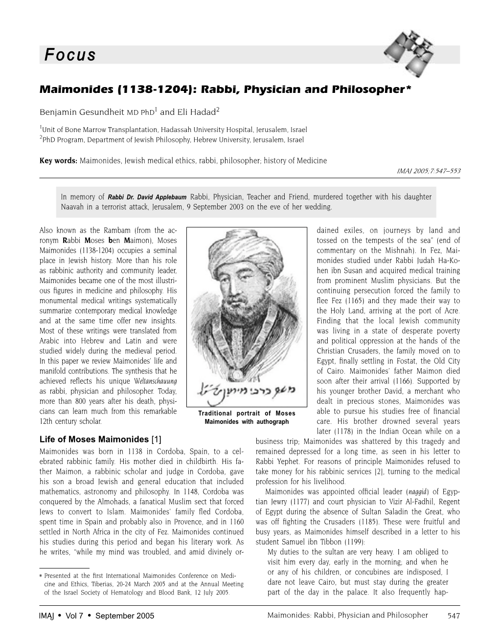 Maimonides (1138-1204): Rabbi, Physician and Philosopher*