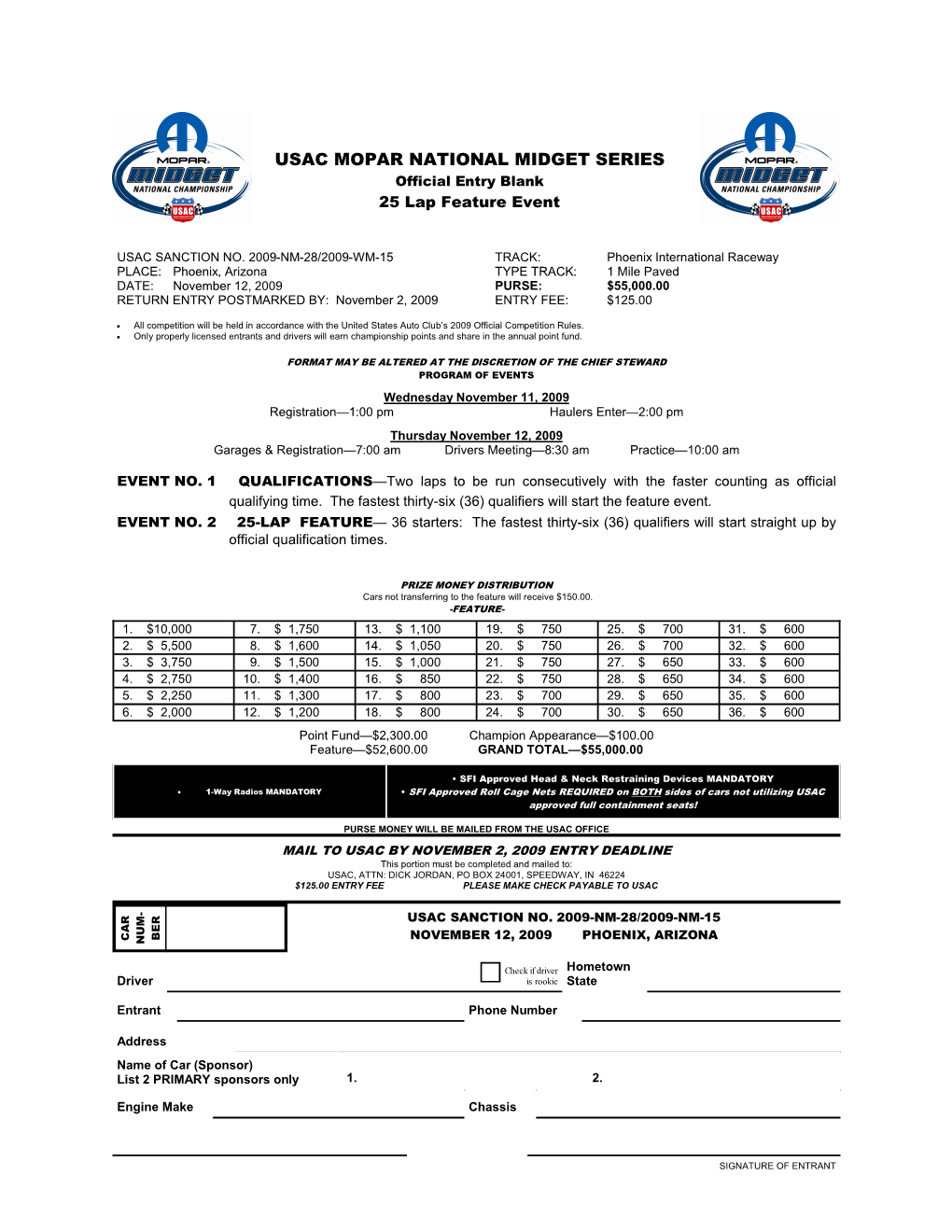 USAC MOPAR NATIONAL MIDGET SERIES Official Entry Blank 25 Lap Feature Event