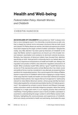 Health and Well-Being: Federal Indian Policy, Klamath Women, And