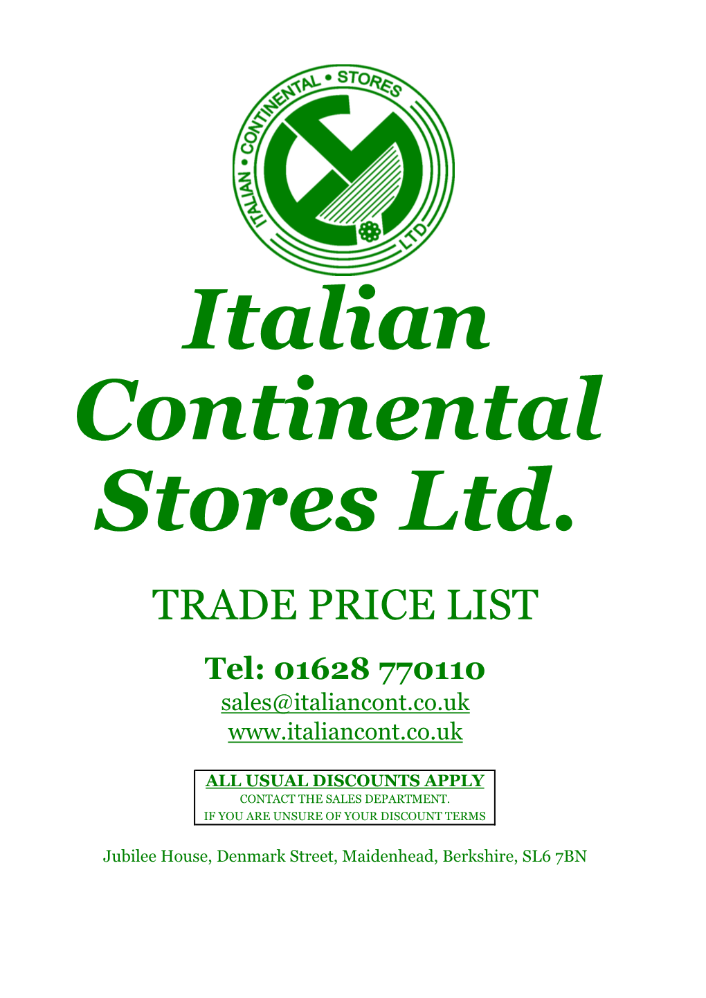 TRADE PRICE LIST Tel: 01628 770110 Sales@Italiancont.Co.Uk