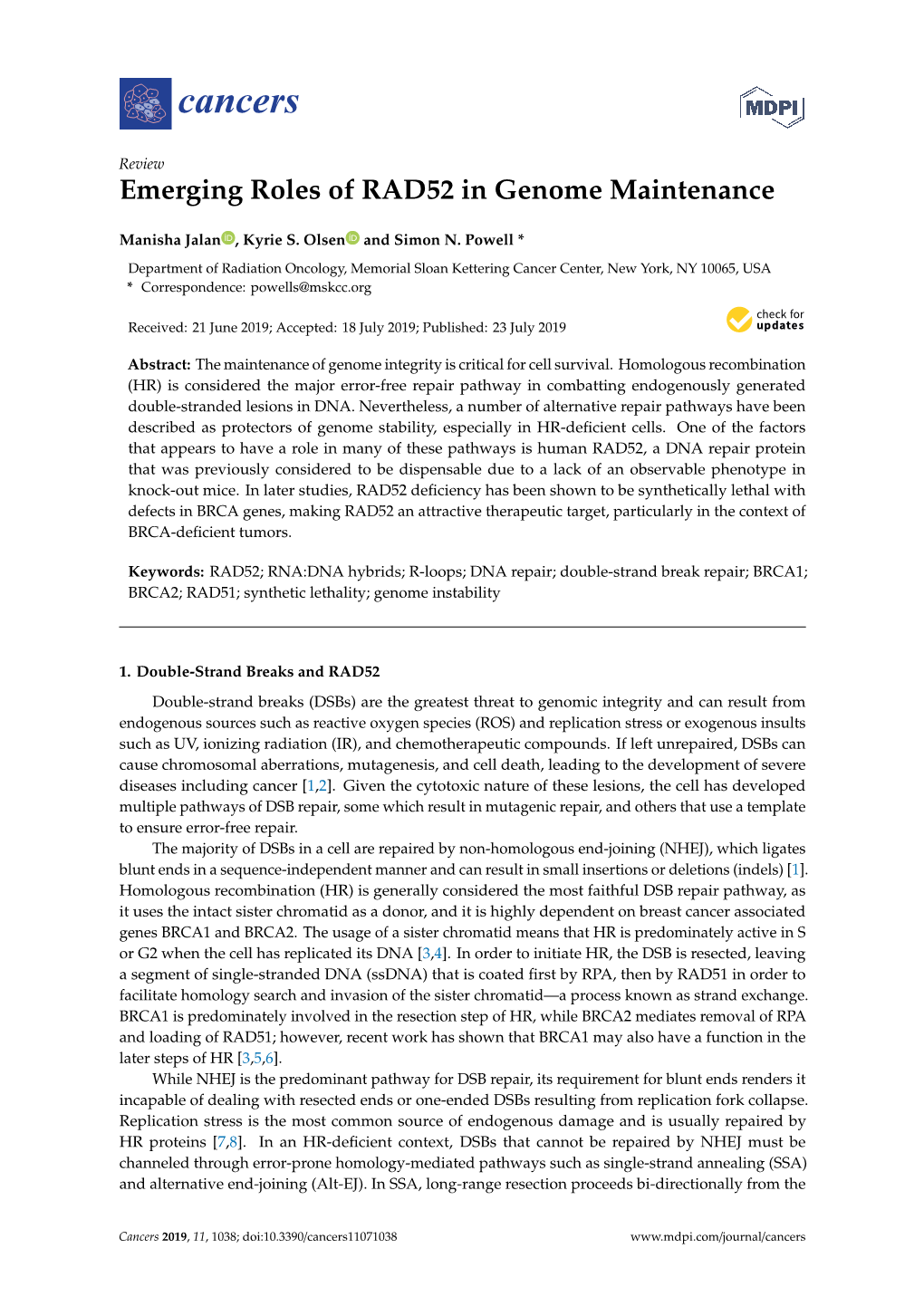 Emerging Roles of RAD52 in Genome Maintenance