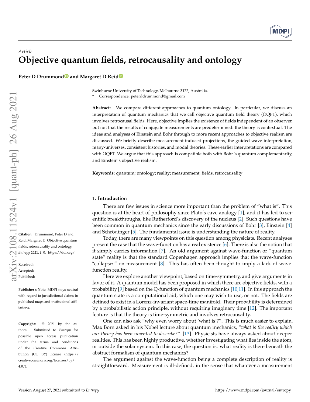 Objective Quantum Fields, Retrocausality and Ontology