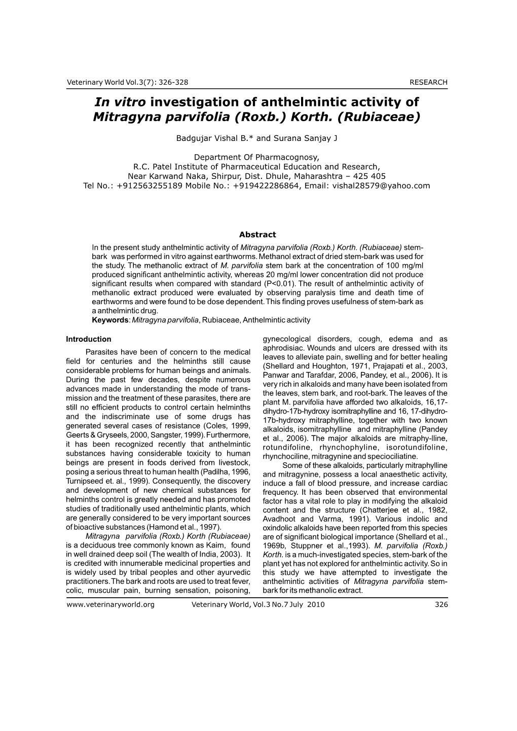 In Vitro Investigation of Anthelmintic Activity of Mitragyna Parvifolia (Roxb.) Korth