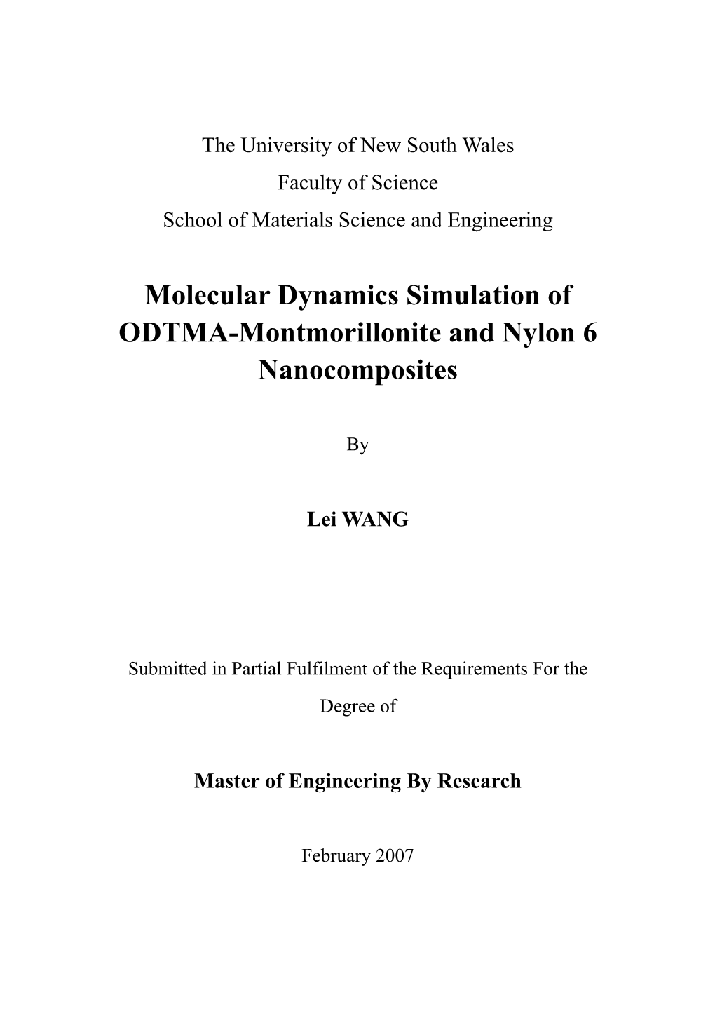 Molecular Dynamics Simulation of ODTMA-Montmorillonite and Nylon 6 Nanocomposites