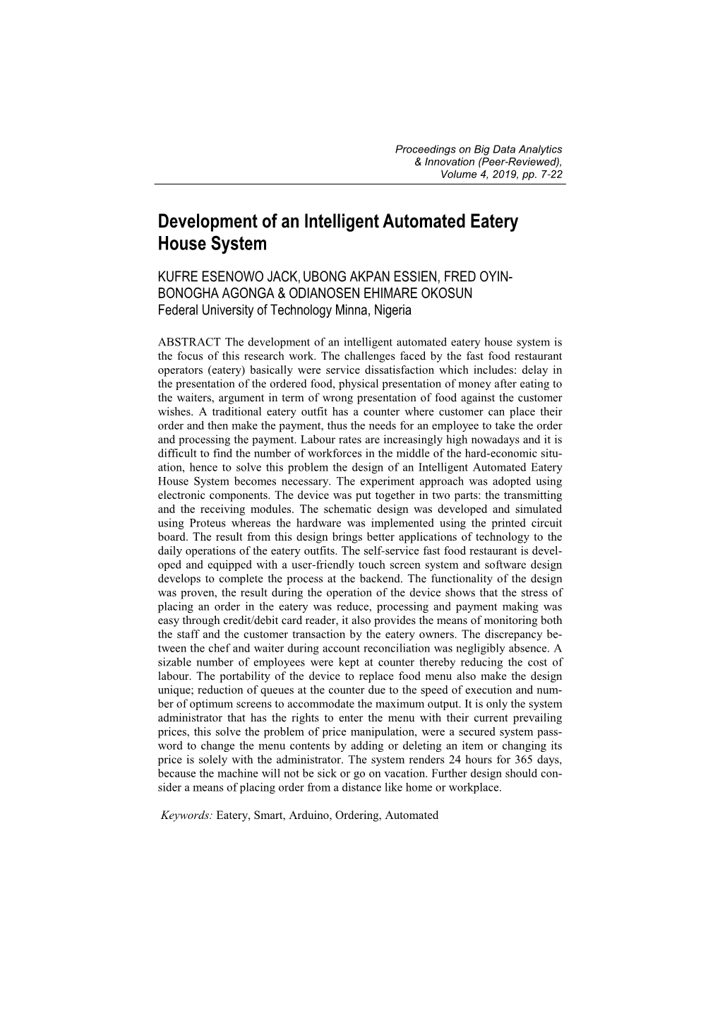 Development of an Intelligent Automated Eatery House System