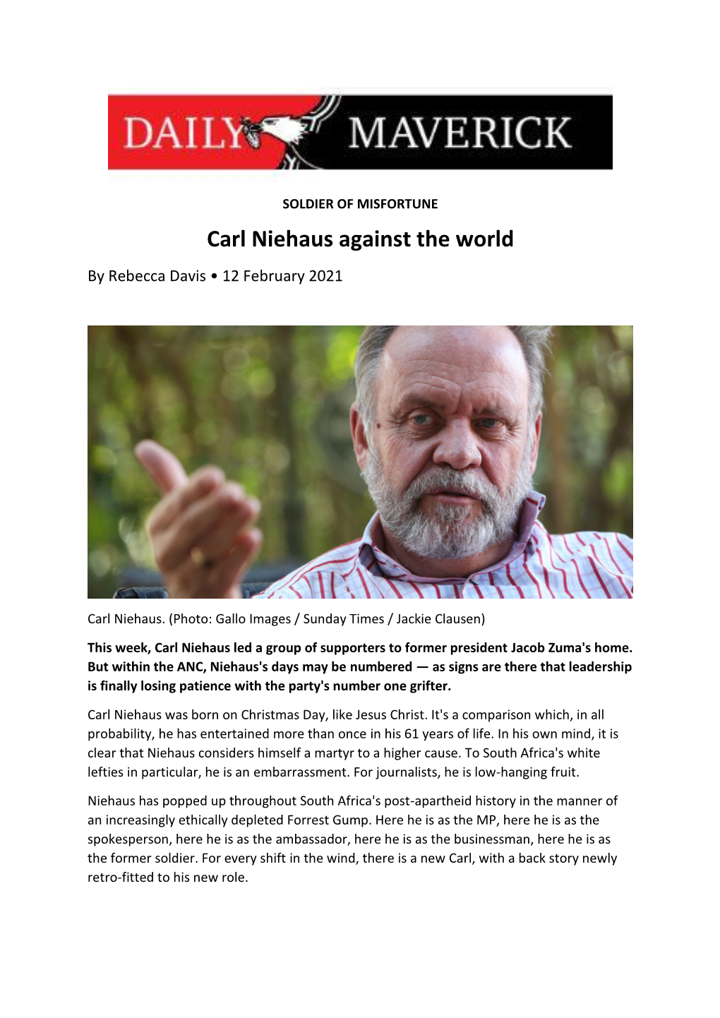 Carl Niehaus Against the World by Rebecca Davis • 12 February 2021