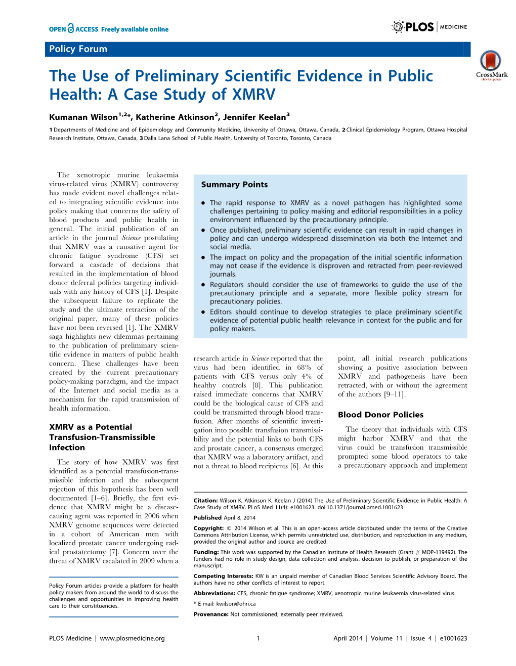 The Use of Preliminary Scientific Evidence in Public Health: a Case Study of XMRV