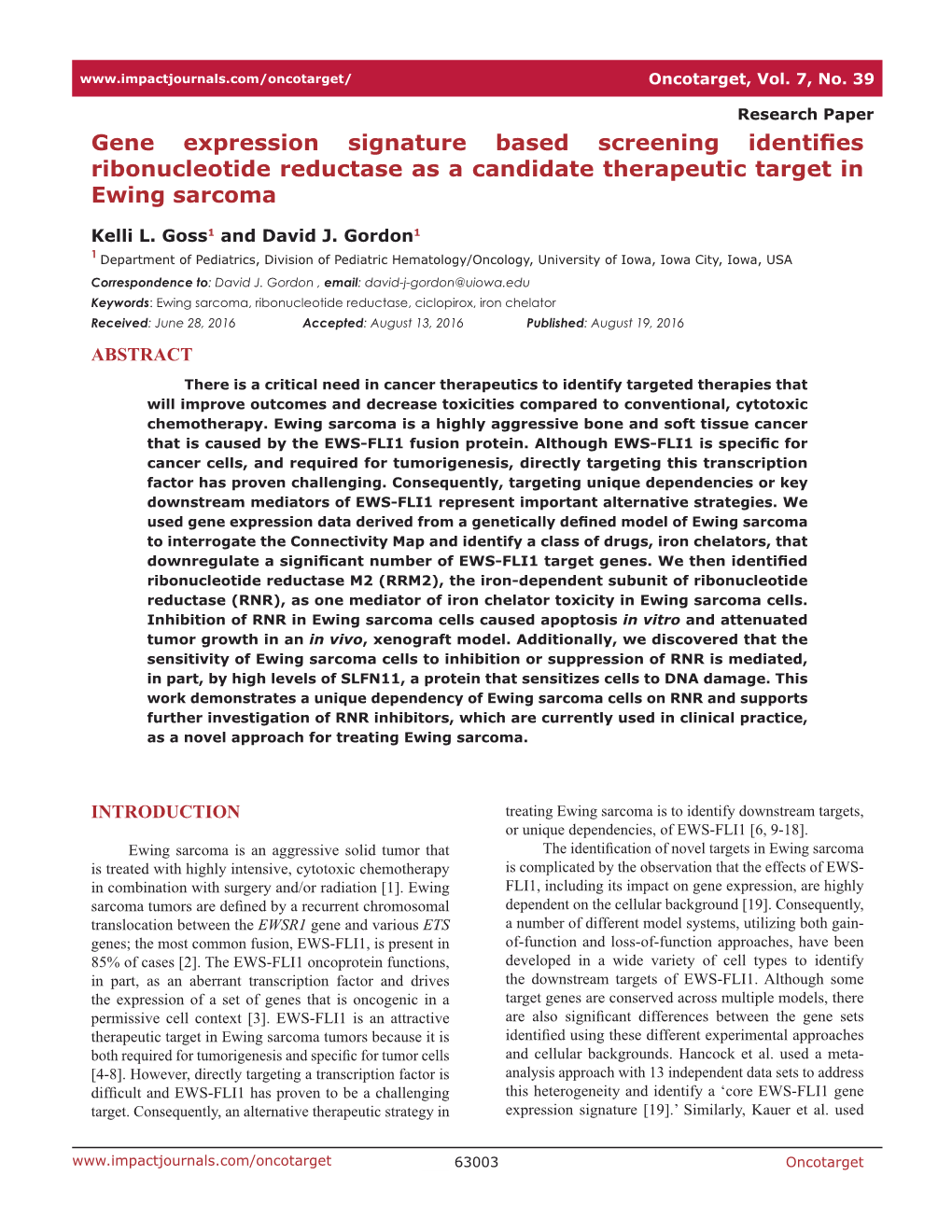 Gene Expression Signature Based Screening Identifies Ribonucleotide Reductase As a Candidate Therapeutic Target in Ewing Sarcoma