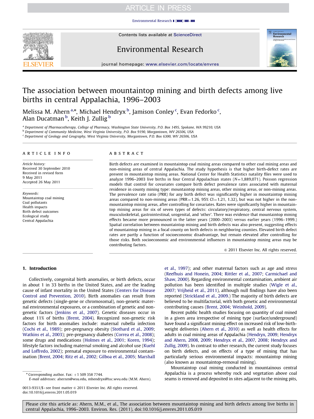 The Association Between Mountaintop Mining and Birth Defects Among Live Births in Central Appalachia, 1996–2003