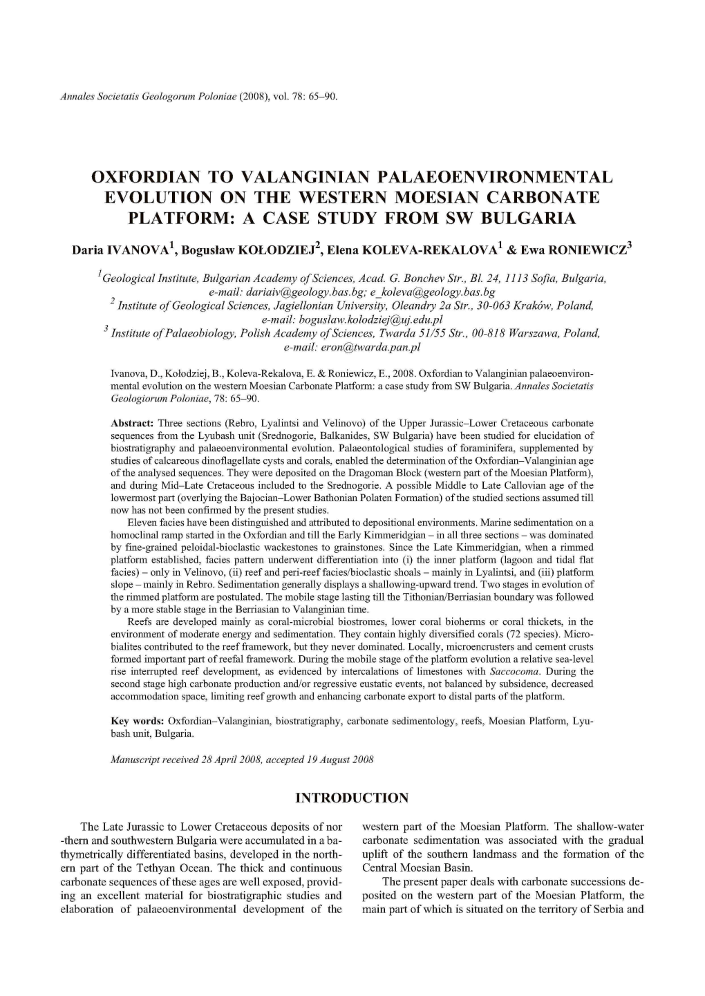 Oxfordian to Valanginian Palaeoenvironmental Evolution on the Western Moesian Carbonate Platform: a Case Study from Sw Bulgaria