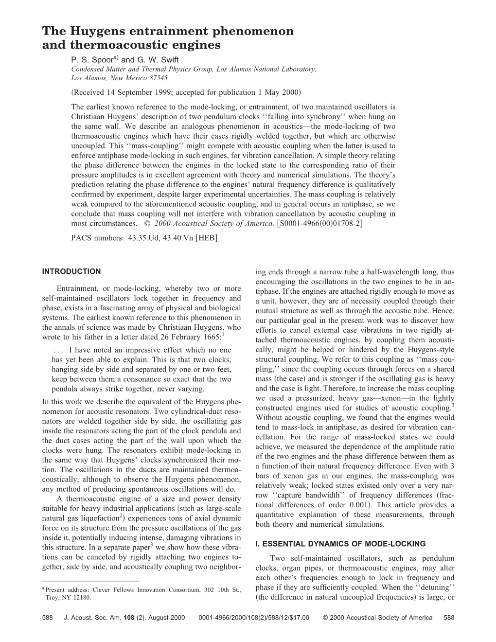 The Huygens Entrainment Phenomenon and Thermoacoustic Engines P